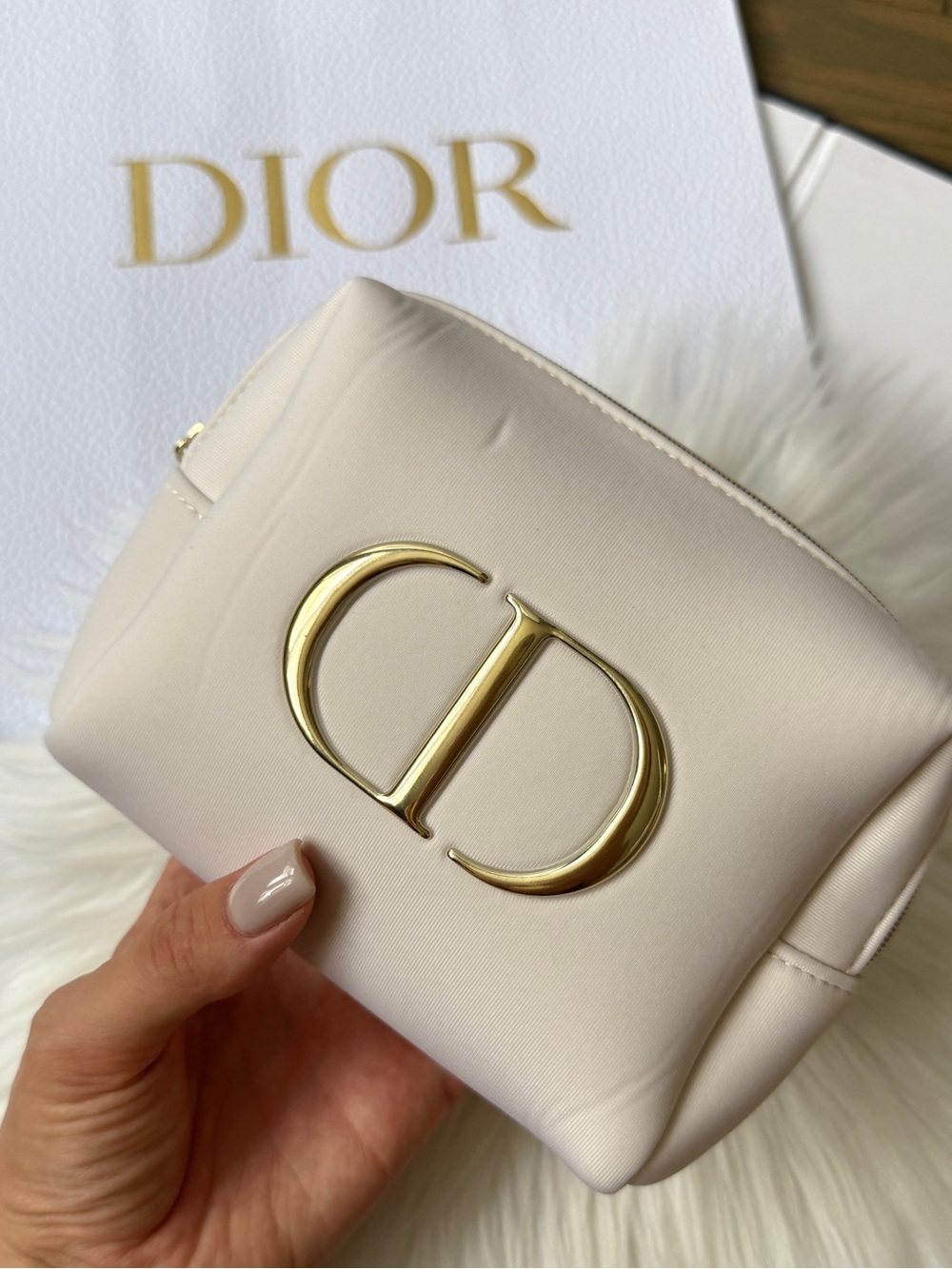 Dior Beige Cosmetic Pouch Small with Gold CD Logo New